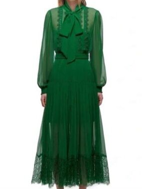 Self-Portrait Emerald Green Long Tie-Neck Lace Trim Dress